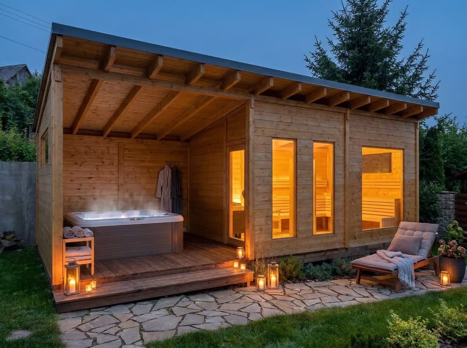 Vizualizace sauny u roubenky Vanedi za soumraku: otevřená část s vířivkou, odpočívárna a sauna