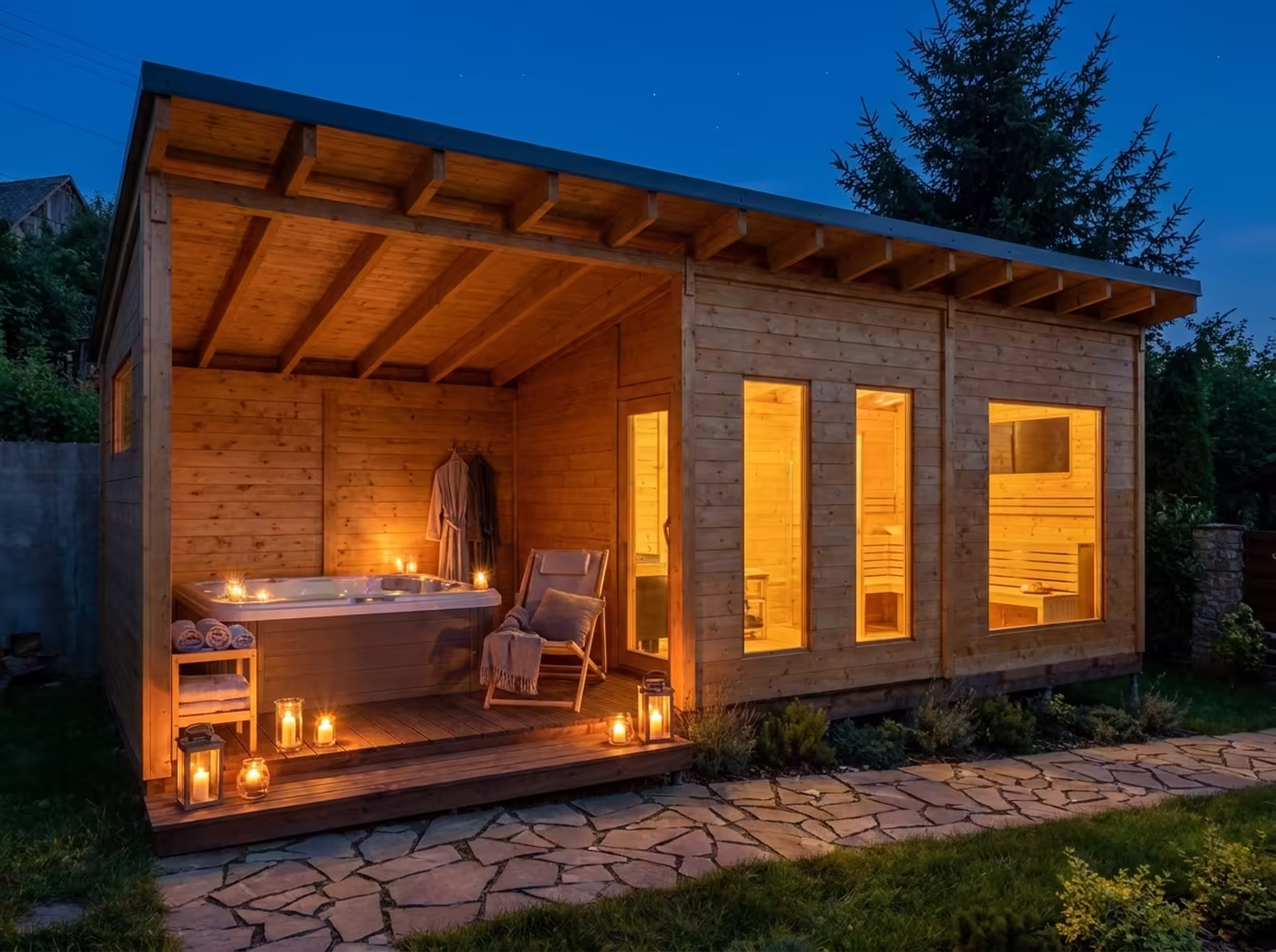 Vizualizace otevřené části sauny s vířivkou a lehátkem za soumraku, sauna bude v provozu od listopadu 2026